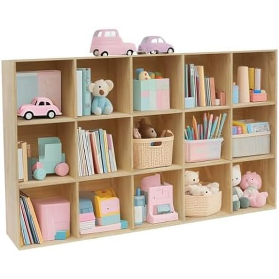 15-Cube Storage Shelf Bookcase, Wooden 3-Tier Floor Standing Semi-Open Bookshelf, Display Cabinet with 15 Compartments for Home Living Room Office Study$$Home Decor, Kitchen, & Other