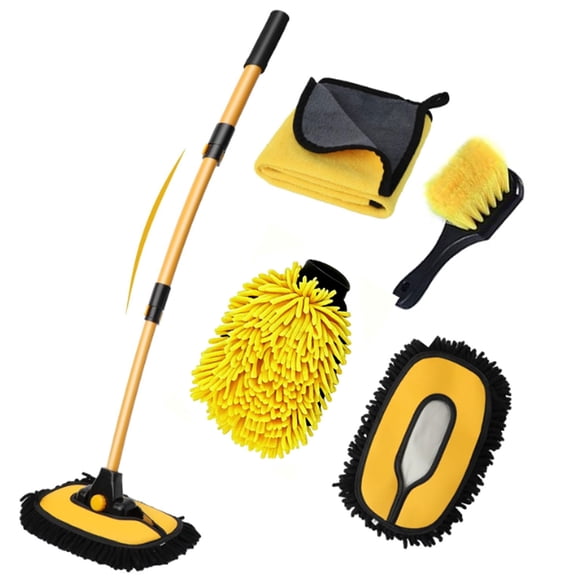 15° Curved Car Wash Brush with 43" Aluminum Alloy Telescopic Long Handle, Chenille Microfiber Mop Mitt with 1 Replacement Head, Wheel Brush Extension Pole Cleaning Kit Towels for Cars Trucks - 5PCS