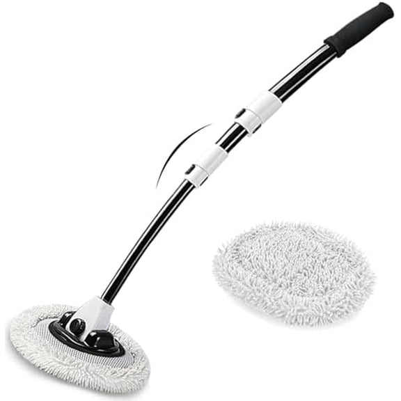 15° Curved Car Wash Brush with Long Handle 43" Microfiber Cleaning Mop Telescopic Extension Pole for Caravan RV Truck Auto SUV Wheel Boat Exterior 2 in1 Carwash Duster Scratch Free, White