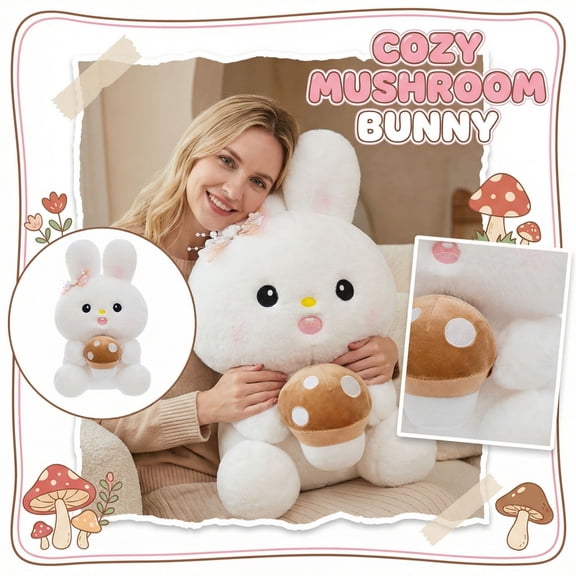 15" Cute Bunny Plush Pillow Stuffed Animal, Adorable Mushroom-Cap Rabbits Hugging Toy, Perfect Birthday Gift, Holiday Present or Cozy Room Decor E