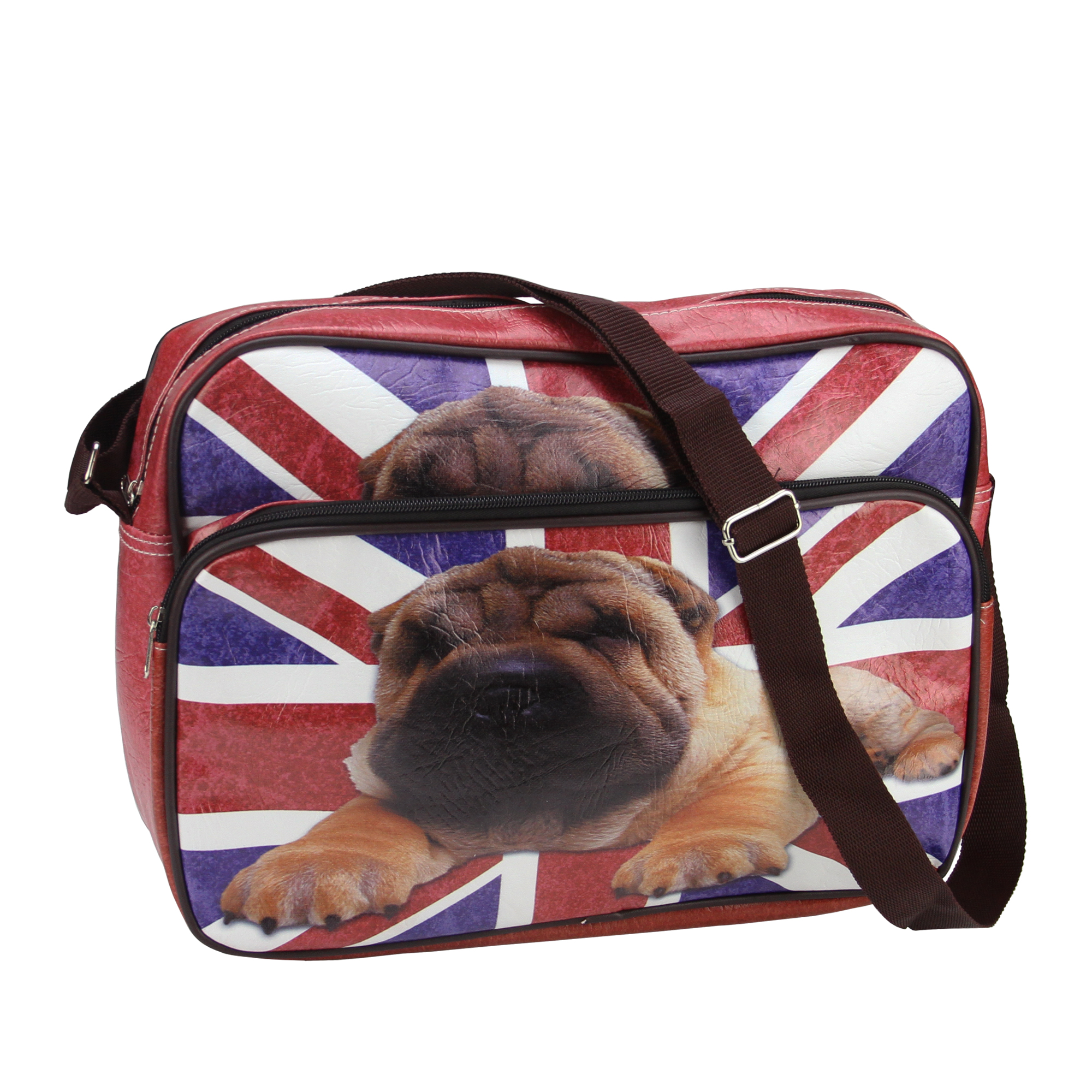 15" Decorative British Flag and Pug Crossbody Bag/Purse with Strap