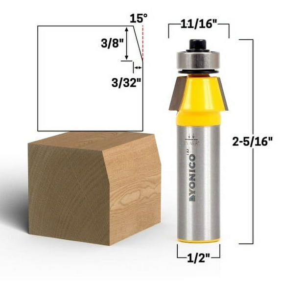 15 Degree Bevel Trim Router Bit - 1/2" Shank - Yonico 14932