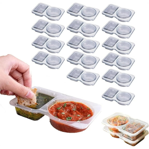 15 Disposable Condiment Containers with Lids,Small Plastic Snack Container,Double Compartment Seasoning Box for Dipping,Divider Sauces Containers,Great for Tomato/Chili/Black Pepper Sauce
