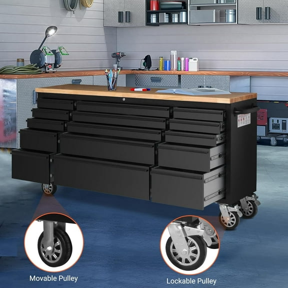 15-Drawer Large Rolling Tool Chest, 72" Mobile Tool Storage Cabinet with Wheels and Wood Top, Garage Tool Box Organizer with Anti-Slip Liner for Warehouse, Workshop