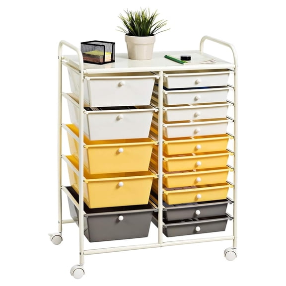 15-Drawer Rolling Cart, Mobile Storage Organizer with Wheels - Home Office School Art Supplies, Yellow