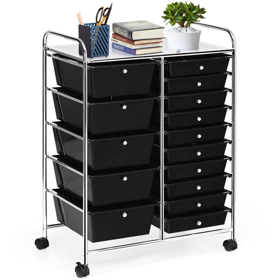 15 Drawer Rolling Storage Cart, Drawer Organizer with Wheels, Scrapbook Paper Office School Organizer, Black