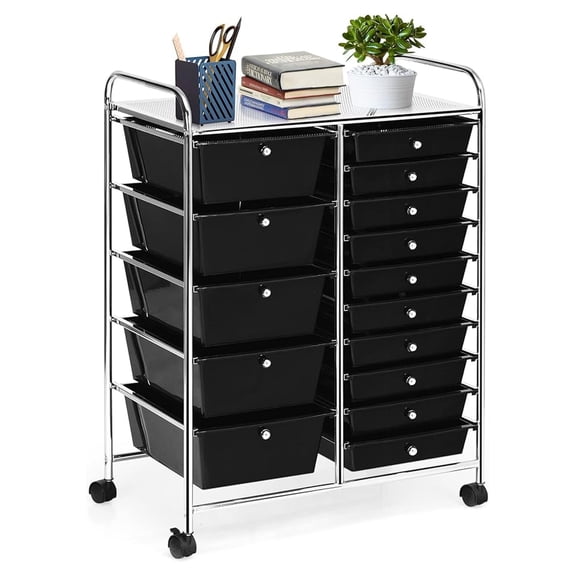15 Drawer Rolling Storage Cart, Multipurpose Mobile Storage Organizer w/Removable Drawers & Metal Frame, Utility Tools Paper Organizer on Wheels for Home, Office (Black)