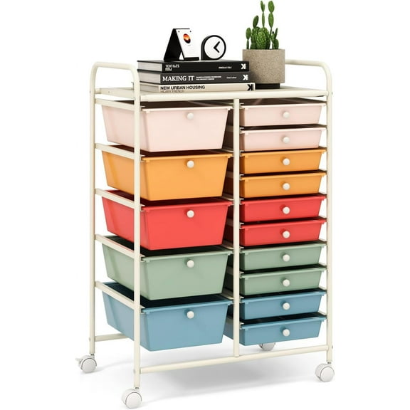 15-Drawer Rolling Storage Cart, Multipurpose Rolling Storage Cart, Storage Organizer on Wheels, Durable Metal Frame, Scrapbook Paper Tools, Suitable for Office School (Macaron)