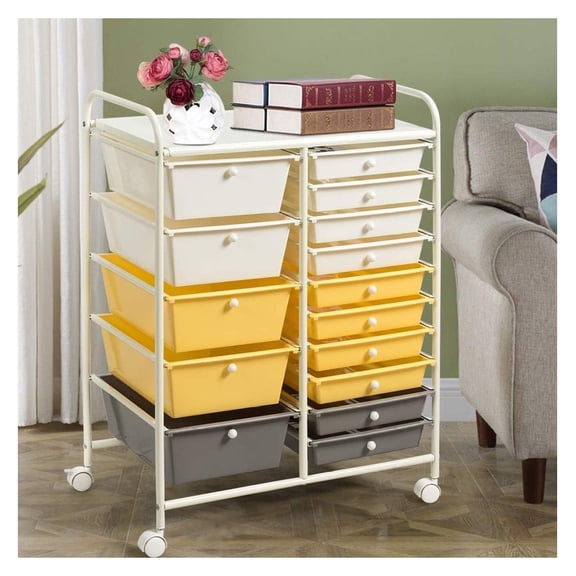 15-Drawer Rolling Storage Cart, Office Organizer Trolley, Scrapbook Paper Organizer with Wheels - Yellow, White & Grey