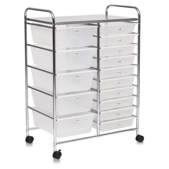 15 Drawer Rolling Storage Cart, Rolling Organizer Cart, Scrapbook Paper Organizer, Suitable for Office and School, Office Storage Tools on Wheels (Clear)
