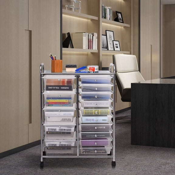 15 Drawer Rolling Storage Cart Tools Scrapbook Paper Office School Organizer, Clear