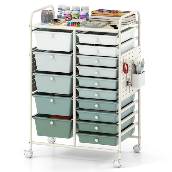 15-Drawer Rolling Storage Cart with Metal Tabletop and Pegboard, Scrapbook Paper Office School Organizer,Green