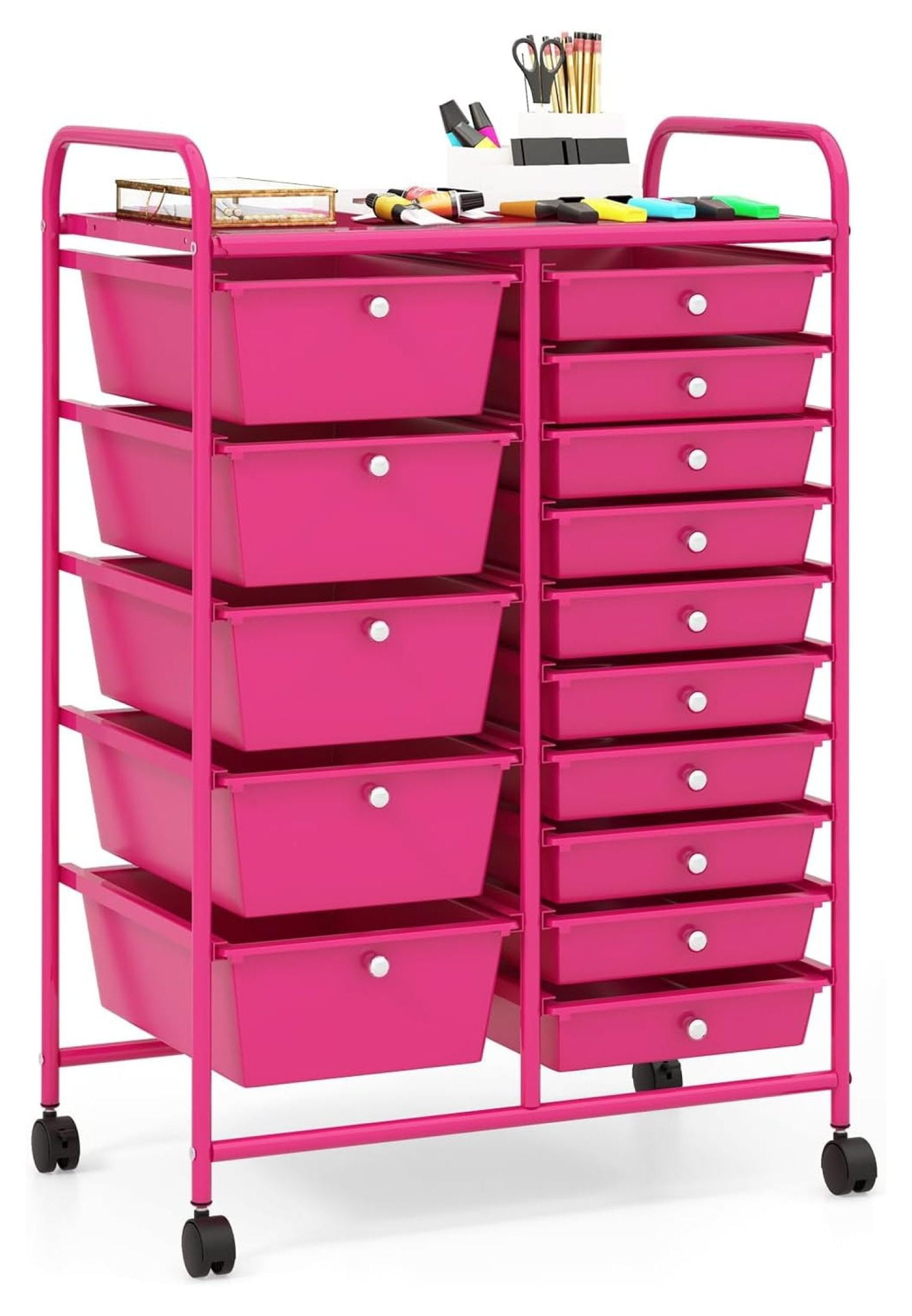 Hot Pink Steel Frame 15-Drawer Rolling Storage Cart