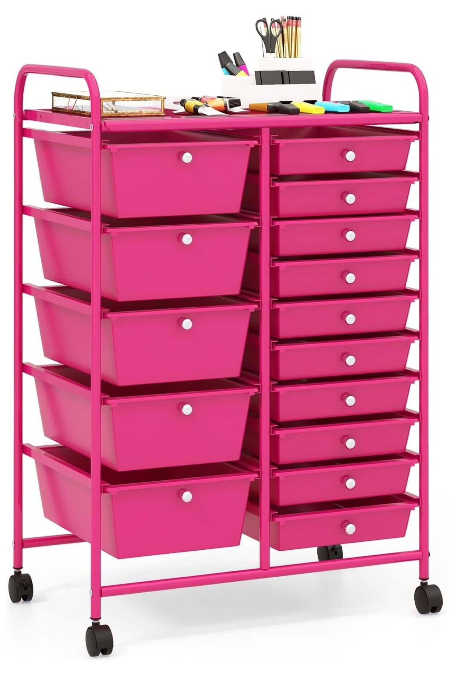 Hot Pink Steel Frame 15-Drawer Rolling Storage Cart