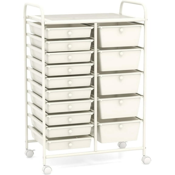 15-Drawer Storage Rolling Cart, Multipurpose Utility Storage Cart w/ 4 Lockable Wheels & Removable Drawers, Plastic Drawer Organizer for Office, Supermarket, Home, School (White)