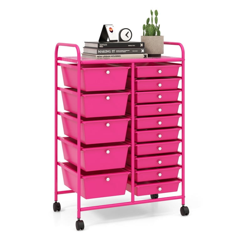 Hot Pink Steel Frame 15-Drawer Rolling Storage Cart