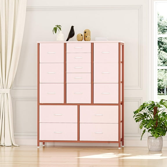 15 Drawers Dresser for Bedroom, Chests of Drawers, Storage Organizer Unit with 15 Fabric Bins, Wood Tabletop & Metal Frame for Living Room, Hallway, Office