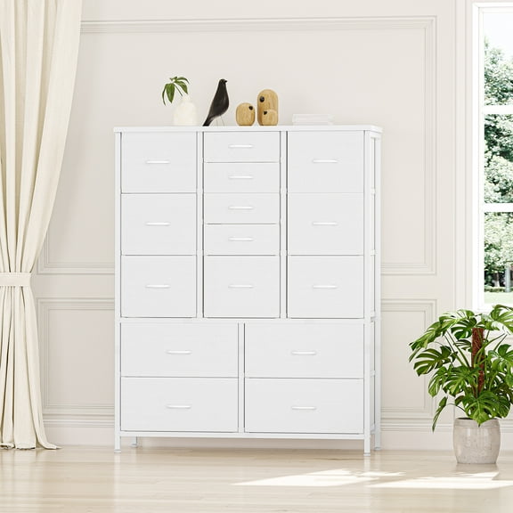 15 Drawers Dresser, Tall Dressers for Bedroom, Large Chests of Drawers, Fabric Storage Dresser Organizer Unit for Closet, Hallway, Living Room (White)
