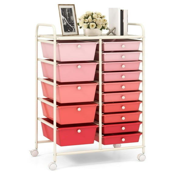 15 Drawers Rolling Storage Cart, Cart Organizer with Lockable Wheels for Tools, Arts, Scrapbook, Papers, Multipurpose Utility Cart for Home Office School (Mixed Pink)
