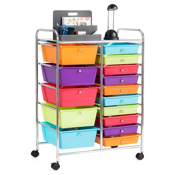 15 Drawers Rolling Storage Cart, Cart Organizer with Lockable Wheels for Tools, Arts, Scrapbook, Papers, Multipurpose Utility Cart for Home Office School (Multicolor)