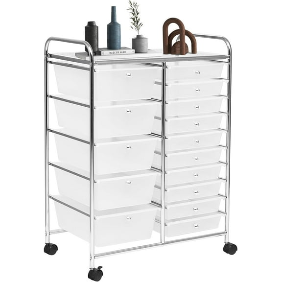 15 Drawers Rolling Storage Cart, Craft Cart Organizer with Lockable Wheels for Tools, Arts, Scrapbook, Papers, Multipurpose Utility Cart for Home Office School (Clear)
