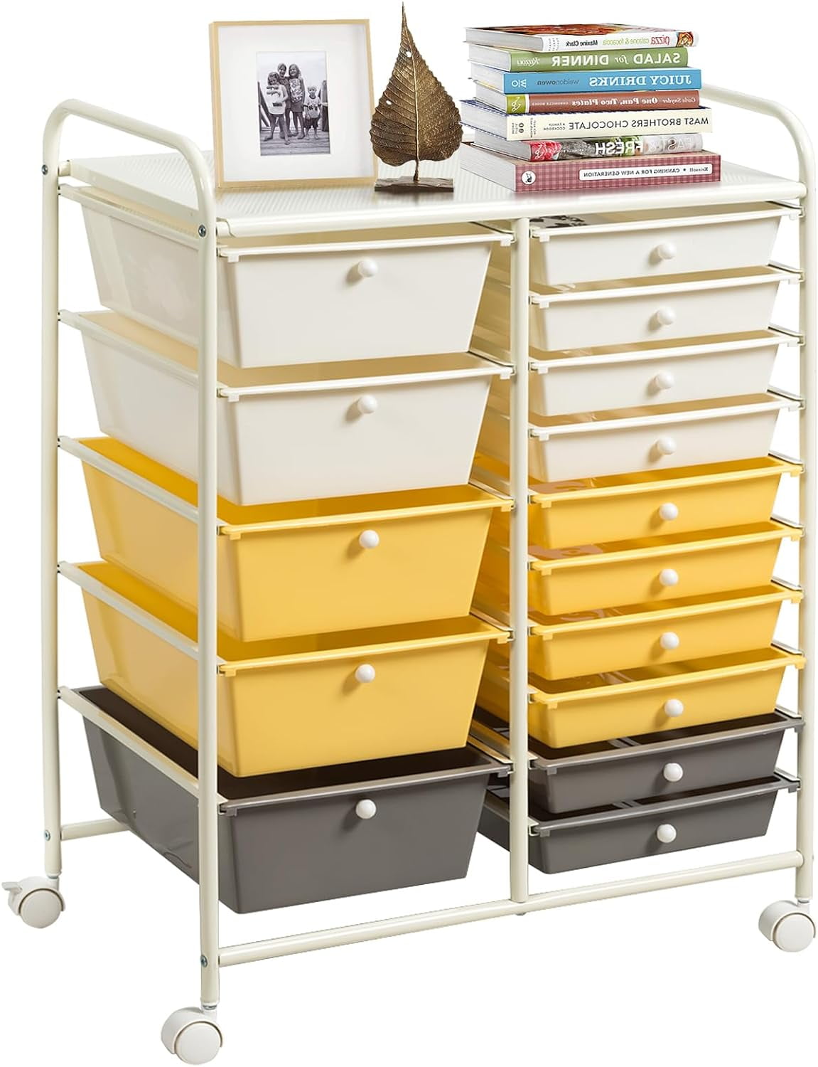 15 Drawers Rolling Storage Cart, Craft Cart Organizer with Lockable Wheels for Tools, Arts, Scrapbook, Papers, Multipurpose Utility Cart for Home Office School (Yellow)
