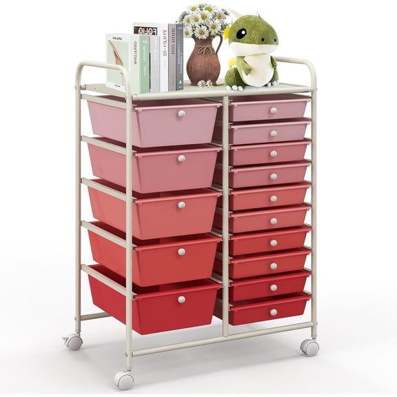 15 Drawers Rolling Storage Cart, Mobile Utility Drawer Cart with Lockable Wheels for Crafts, Tools, Arts Supplies, Multipurpose Organizer Cart for Home Office School (Mixed Pink)