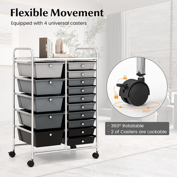 15 Drawers Storage Cart, Multipurpose Rolling Utility Cart on Wheels w/Lockable Wheels & Removable Drawers, Mobile Tools Scrapbook Paper Organizer Cart for Office School Home, Mixed Black