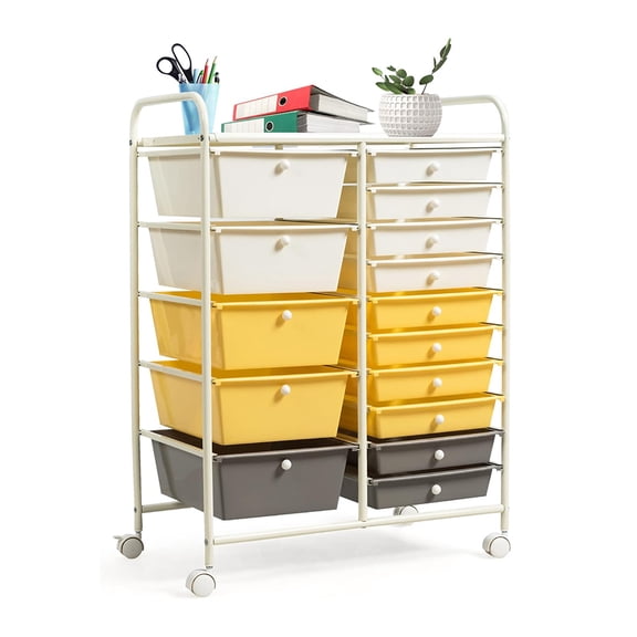 15 Drawer Utility Storage Cart, Mobile Rolling Organizer with Removable Drawers and Steel Frame, Tool and Paper Storage for Home, Office, Yellow
