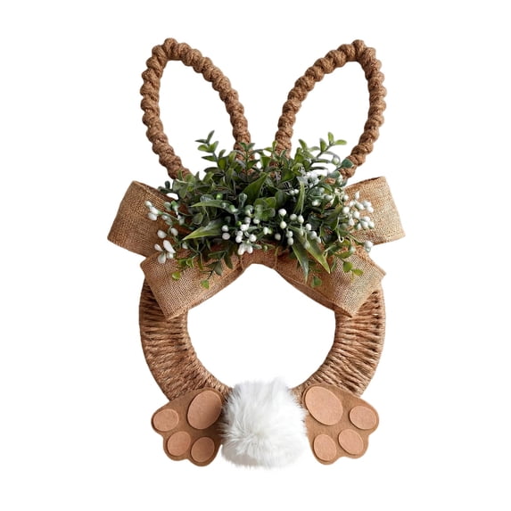 15" Easter Bunny Wreath Spring Artificial Flower Rabbit Rattan Wreath with Rabbit Tail Feet Green Twig and Berries Linen Bow Knot for Farmhouse Front Door Farmhouse Wall Home Window Decor