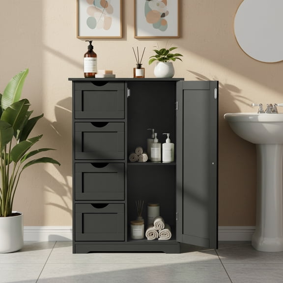 Modern Matte Black Bathroom Storage Cabinet 4 Drawers 1 Door Scratch Resistant Triple Melamine Laminate Density Board for Compact Bathroom Powder Room Vanity Side