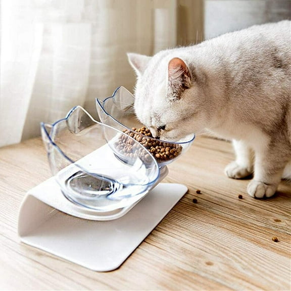 "15°Elevated Cat Food Bowls with Silicone Pet Mat, Double Raised Cat Transparent Plastic Bowl with Stand, Stress-Free Suit for Cats and Small Dogs, Anti Vomiting cat Bowl, Cute Cat Face Bowl"