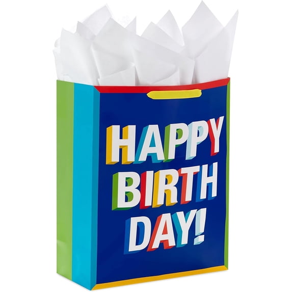 15" Extra Large Birthday Gift Bag with Tissue Paper (Happy Birthday, Red, Blue, Yellow, Green) for Kids, Teachers, Coworkers, Friends