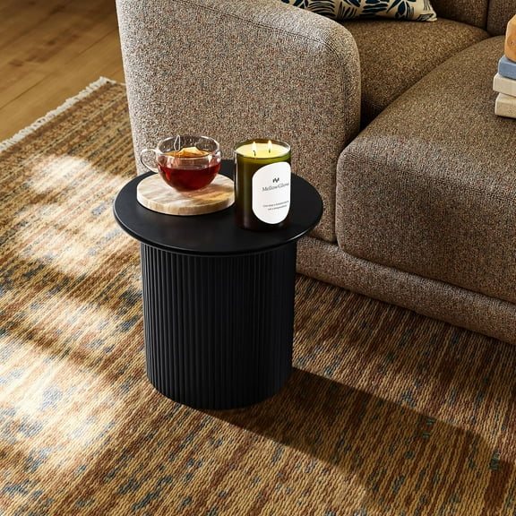 15" Extra Small Accent Table, Black Finish Fluted Fir and MDF Wood Round Side Tables, Mid Century Modern Short End Table for Living Room Couch, Bedroom, Nightstand End Tables for Space