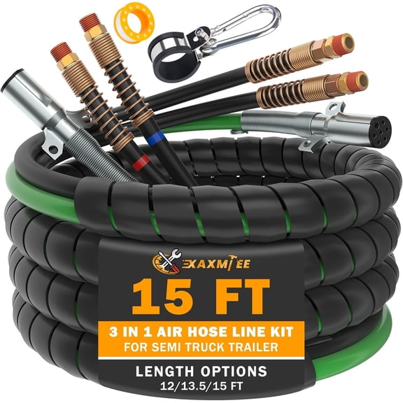 15 FT Semi Truck Air Lines Kit 3IN1 Trailer Cord and Air Brake Hoses Assembly without Rubber Gladhand Handles for Semi Truck Trailer Tractor