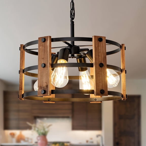 15'' Farmhouse Chandelier, Wooden Chandelier, Adjustable Dining Room Light Fixture Kitchen Island Lighting, Rustic Hanging Lights for Entryway Foyer Bedroom (Bulb Not Included)