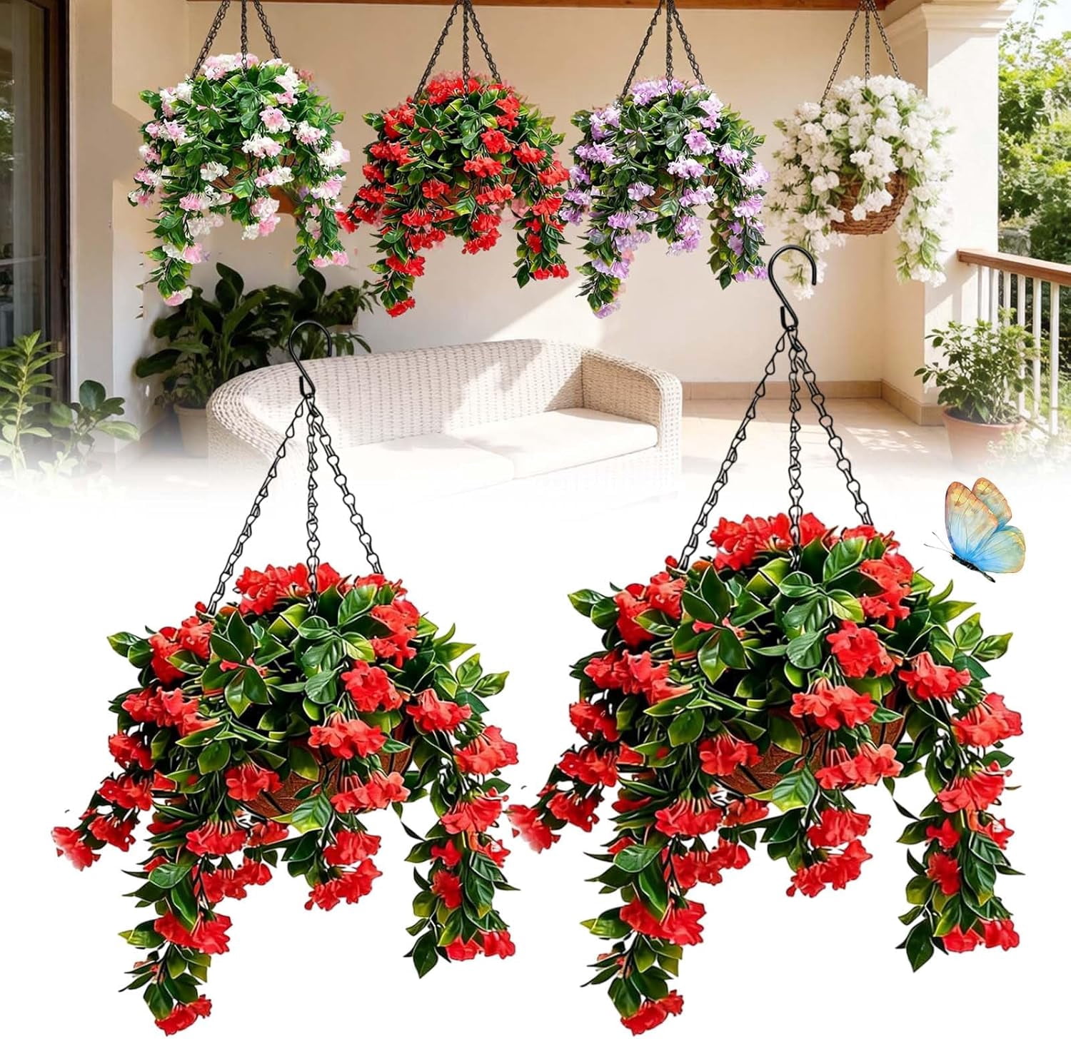 15" Faux Crepe Myrtle Hanging Baskets – Set of 2, 2026 improvements Artificial Hanging Flowers for Outdoors, UV Resistant Realistic Flowers, Faux Greenery for Indoor (Red)