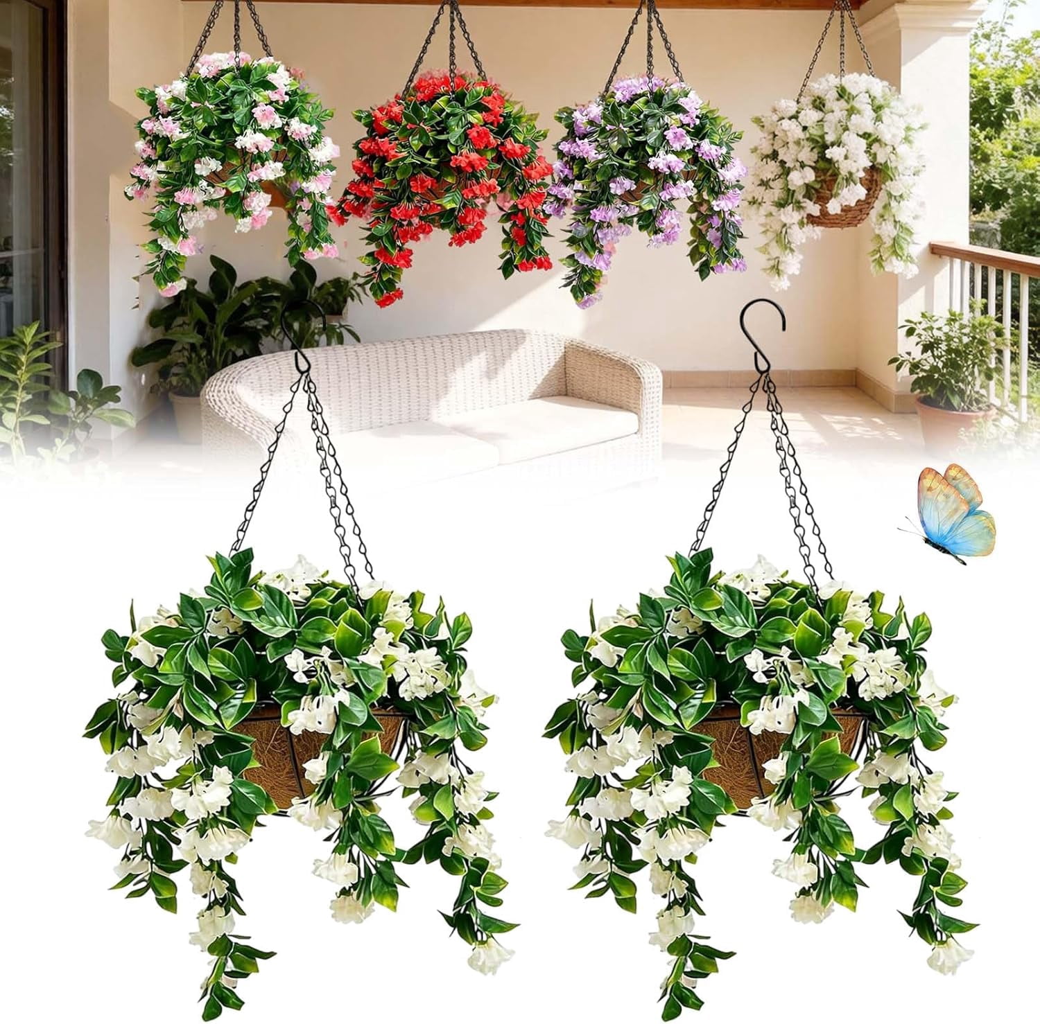 15" Faux Crepe Myrtle Hanging Baskets – Set of 2, 2026 improvements Artificial Hanging Flowers for Outdoors, UV Resistant Realistic Flowers, Faux Greenery for Indoor (White)