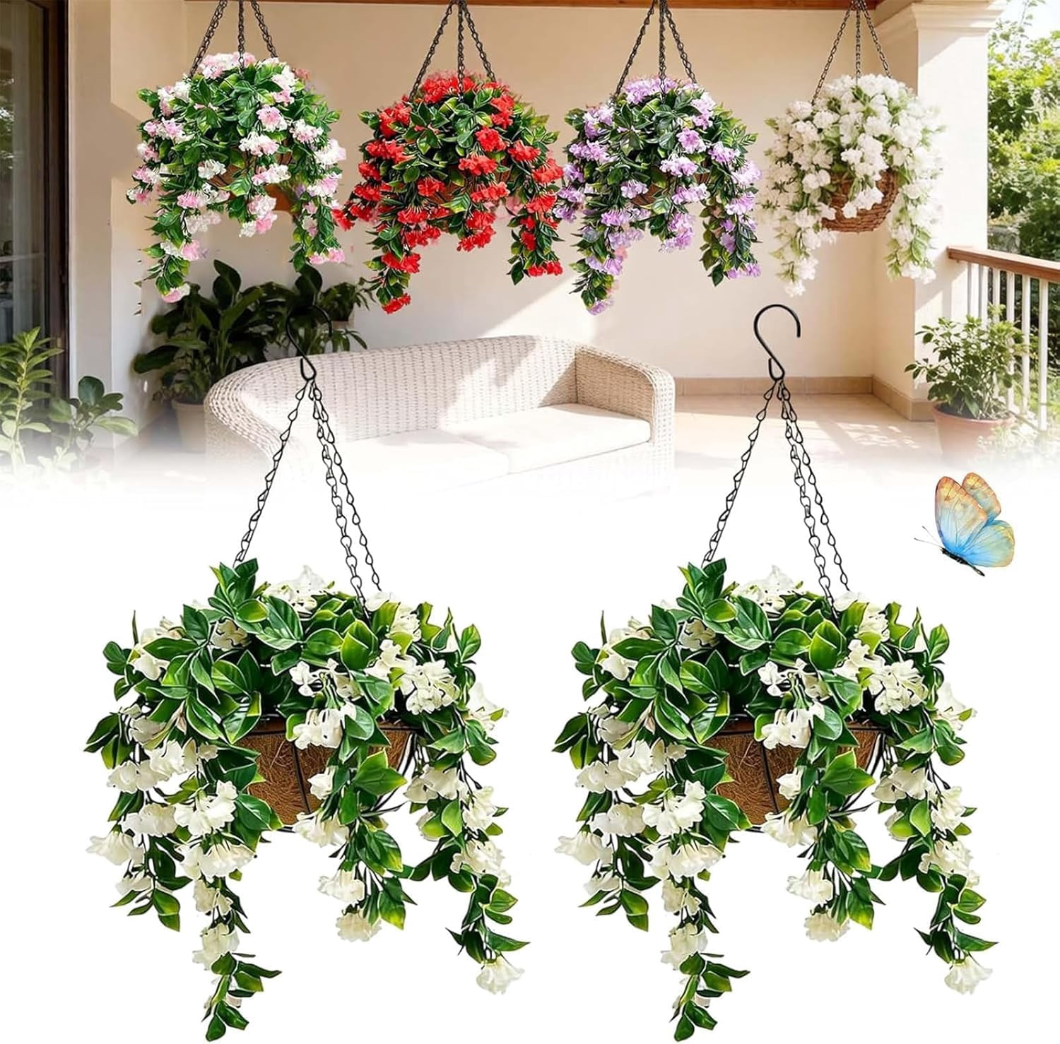15" Faux Crepe Myrtle Hanging Baskets - Set of 2,Realistic Artificial Flowers for Outdoors, No Maintenance & UV Resistant,Faux Greenery for Home Porch Yard,Garden, Patio,Window Box Decor (White,1Pcs)