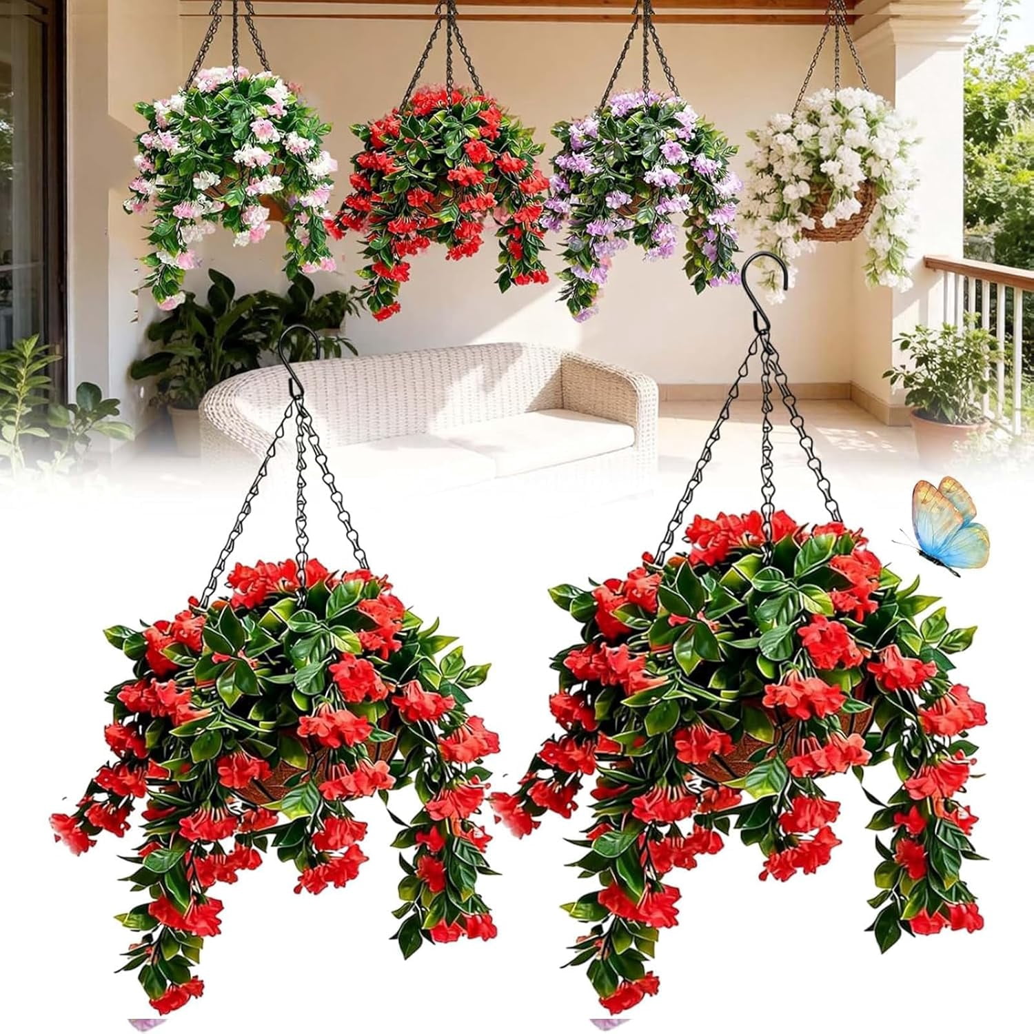 15" Faux Crepe Myrtle Hanging Baskets - Set of 2,Realistic Artificial Flowers for Outdoors, No Maintenance & UV Resistant,Faux Greenery for Home Porch Yard,Garden, Patio,Window Box Decor (Red,2Pcs)