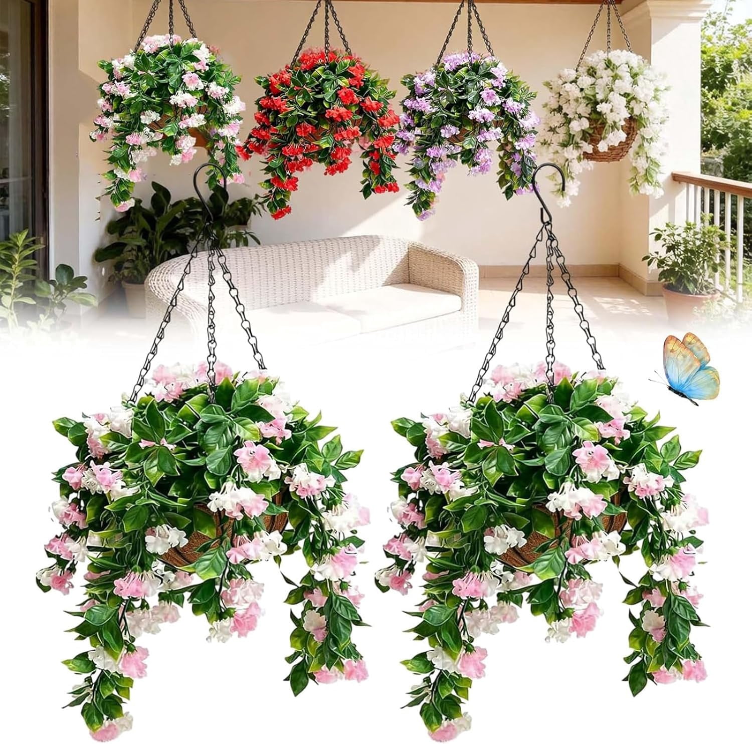 15" Faux Crepe Myrtle Hanging Baskets - Set of 2,Realistic Artificial Flowers for Outdoors, No Maintenance & UV Resistant,Faux Greenery for Home Porch Yard,Garden, Patio,Window Box Decor (Pink,1Pcs)