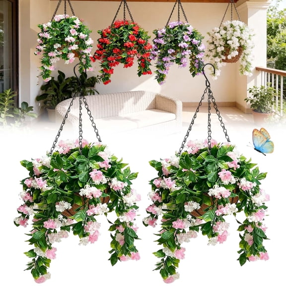 15" Faux Crepe Myrtle Hanging Baskets - Set of 2, Realistic Artificial Hanging Plants for Outdoors, Realistic Hanging Artificial Plants for Porch, Garden, Patio, Window Box Decor