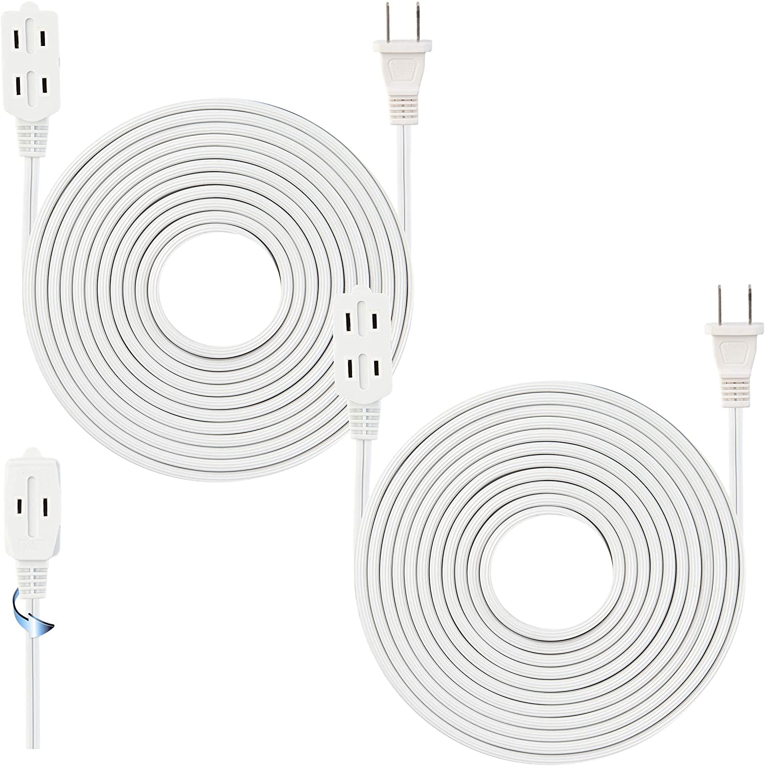 15 Feet White Extension Cord, 3 Outlet, 2 Prong, 16 Gauge Cable, 3 Receptacle Cube Tap, Indoor use (Pack of 2) - by Revpex