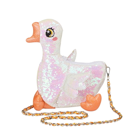 15'' Flip Sequin White Goose Stuffed Animal Plush Toy with Reversible Sequins Sparkle Fashion Outfit Paired with Shoulder Bag Cute Home and Nursery Animal Decorations