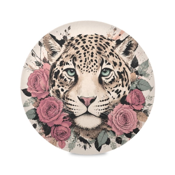 15" Floral Leopard Printed Round Placemats Set of 1 Heat Resistant Table Mat for Kitchen for Party Deco