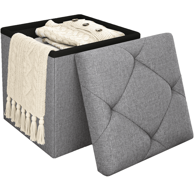 15" Foldable Storage Ottoman Bench with Bins, Padded Footrest Stool for End of Bed, Living Room and Entryway, Holds up to 350 lbs, Gray