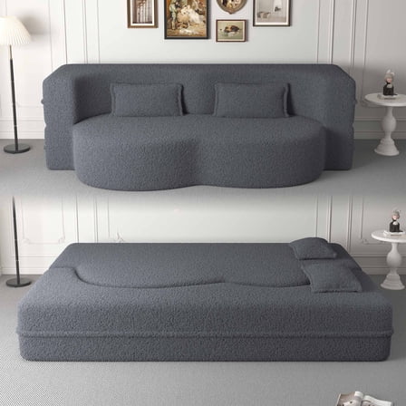FIRSCOOK 15" Full Size Convertible Folding Sofa Bed with Pillows, Foam-Filled Teddy Fabric Couch, Gray