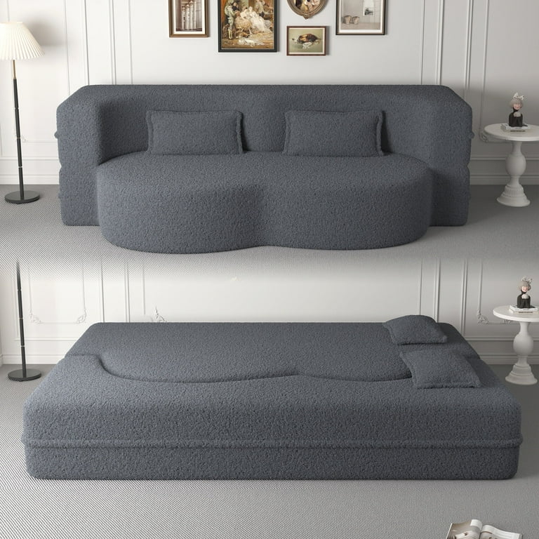 15"Folding Sofa Bed,Convertible Sleeper Sofa With 2 Pillows,Teddy Fabric Foam-Filled Full Size Small Couches For Bedroom,Living Room,Apartment,Gray
