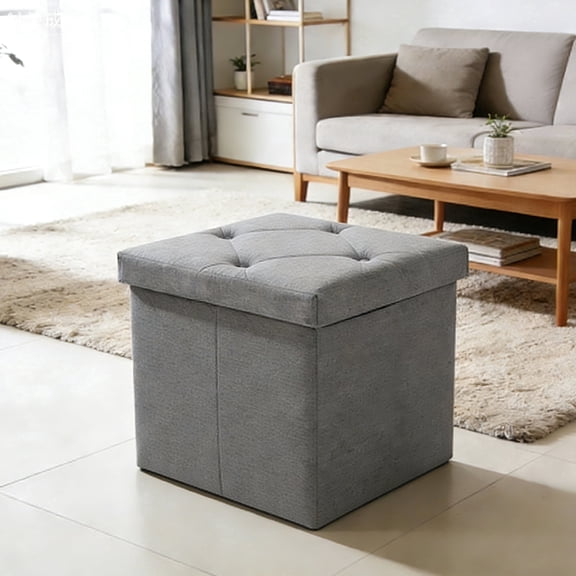15" Folding Storage Ottoman Bench, Ottoman Foot Rest, Storage Chest with Thicker Seat, Storage for Blankets in Living Room, Entryway, Bedroom, Grey