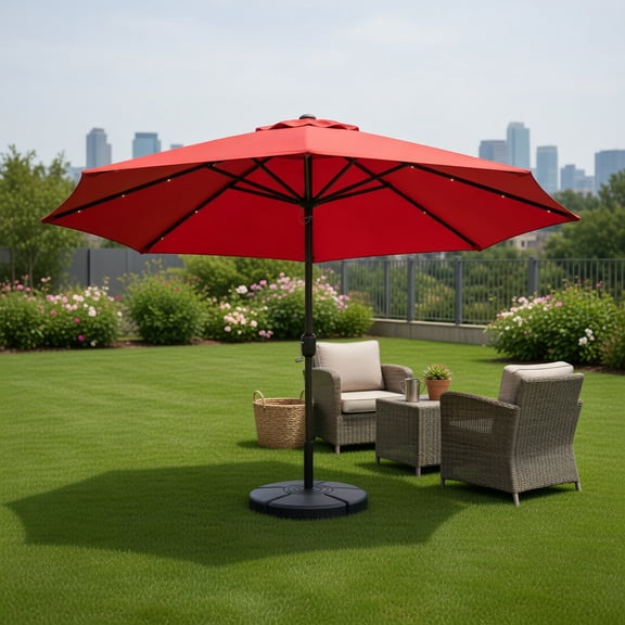 15-Foot Double-Sided Solar Patio Umbrella with 48 LED Lights,Dark Red, Beige, Light Brown, Orange, Gray & Turquoise Opti